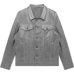 GXG男装 经典翻领皮衣短款时尚休闲明线设计皮衣夹克男