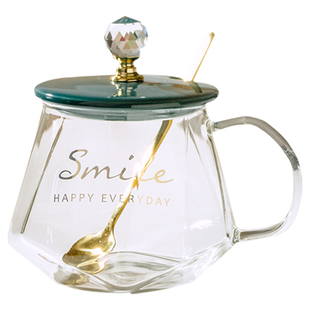 耐热玻璃杯子少女心马克杯家用办公室带把茶水杯牛奶咖啡杯带盖勺