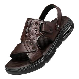 凉鞋男真皮沙滩鞋夏季新款外穿两用鳄鱼纹防滑气垫厚底一脚蹬拖鞋