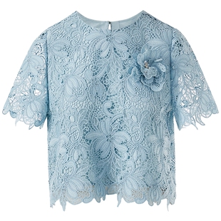LANCY/朗姿夏季新款法式设计感镂空重工蕾丝衬衫短袖圆领短上衣女