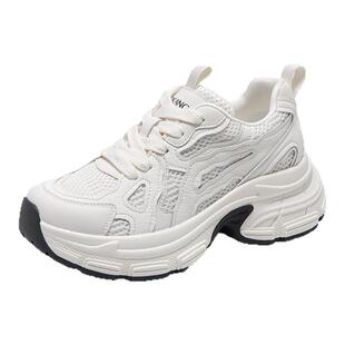 奥康 女鞋春秋新款厚底老爹网面透气镂空休闲鞋增高小白鞋