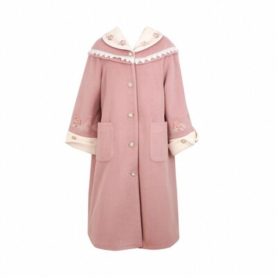 立领舒适拼接毛呢大衣文艺复古