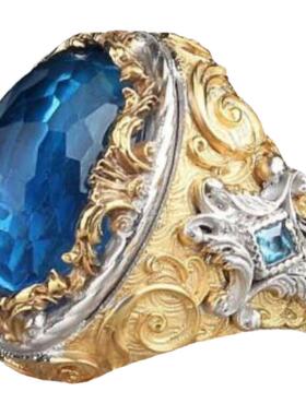 手作蓝托帕石925银镀金戒指