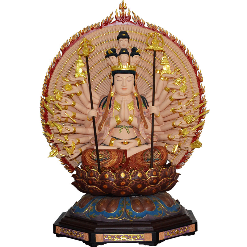 木雕彩绘千手观音木佛像善财龙女家用佛像工艺品摆件定制厂 圣造
