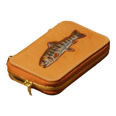 James户外真皮手工制作复古进口头层牛皮山女鳟图案飞蝇包饵盒包