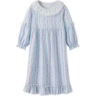 英氏女童睡裙纯棉家居睡觉春季全棉新款女孩长袖洋气公主风连衣裙