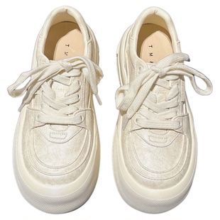 5CM增高~巨轻厚底真皮擦色小白鞋女春新款运动鞋配阔腿裤休闲板鞋