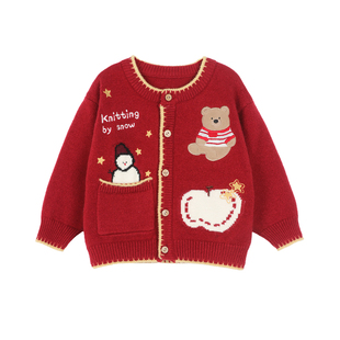 小O爸男婴童 宝宝毛衣男童冬季刺绣2026新款婴儿红色新年保暖开衫