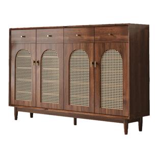 藤编鞋柜中古风复古入户实木框家用门口客厅收纳胡桃色储物玄关柜