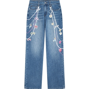 Juicy Couture橘滋牛仔裤女2025年秋冬新款挂饰印花直筒休闲裤子