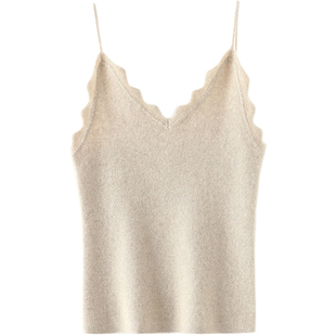 太美了~波浪纹V领羊绒吊带背心女纯羊绒毛衣内搭外穿针织吊带秋冬