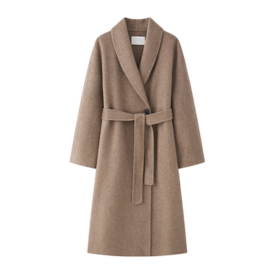 丝驼绒青果领系带长款双面呢大衣