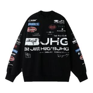 BJHG不计后果新年款美式赛车风卫衣男款冬宽松圆领暖皮内搭上衣女