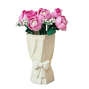 蝴蝶结陶瓷花瓶乐高玫瑰积木花展示瓶ins风家居桌面装饰摆件礼物