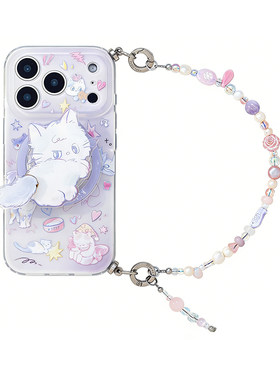 紫色小猫旋转磁吸支架适用苹果17pro新款手机壳iphone15温柔猫咪14天然淡水珍珠手机链条16promax少女心可爱