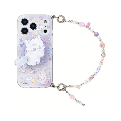 紫色小猫旋转磁吸支架适用苹果17pro新款手机壳iphone15温柔猫咪14天然淡水珍珠手机链条16promax少女心可爱