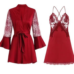 维多利亚红色性感吊带睡裙睡袍本命年送礼轻奢蕾丝带胸垫真丝睡衣