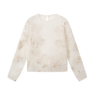 如意连云【歆允】真丝欧根纱绣花上衣女新中式国风复古落肩袖衬衫