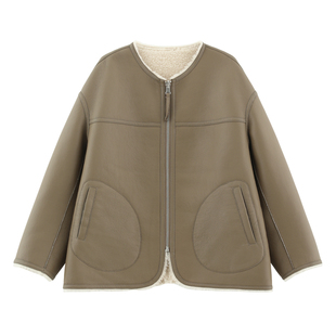 【舒曼】复古美拉德两面穿100绵羊毛皮毛一体圆领夹克外套-11725