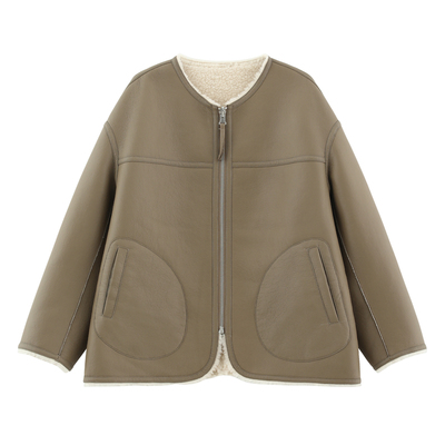 皮毛一体圆领夹克外套