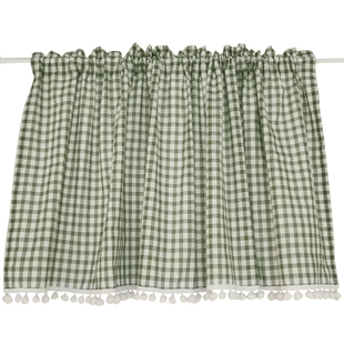 清新格子窗帘美式半遮光半帘免打孔门帘棉布可定制穿杆粘贴挂钩