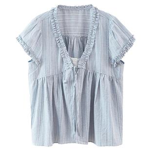 【清仓秒杀】夏韩系气质上衣小个子小众别致假两件系带短袖衬衫女