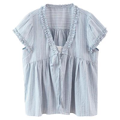 【直降清仓】夏韩系气质上衣小个子小众别致假两件系带短袖衬衫女