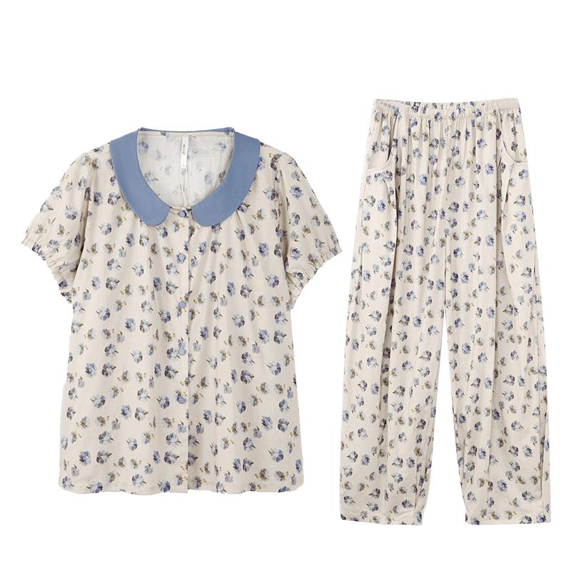 安之伴【梭织棉布】睡衣女款夏季纯棉短袖长裤套装绵绸休闲家居服