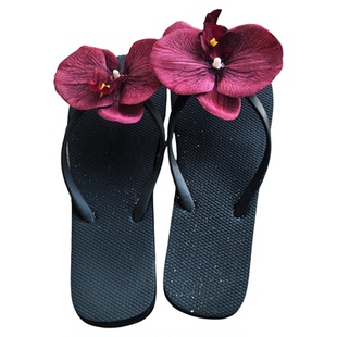 创意新款黑底酒红花蝴蝶兰花花女人字拖沙滩度假海边拖鞋平底防滑