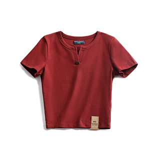 马登美式酒红色针织亨利V字领修身短袖正肩版型短款上衣T体恤女士