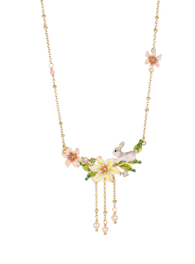 渐变花朵灰色兔子珍珠流苏项链女