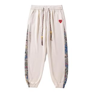 查尔斯桃心 侧边织带小熊裤子男春秋季2025新款休闲束脚宽松长裤