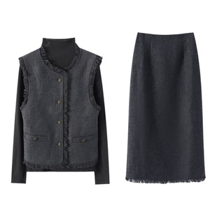 Basic House/百家好小香风时尚套装马夹修身长袖上衣半身裙三件套