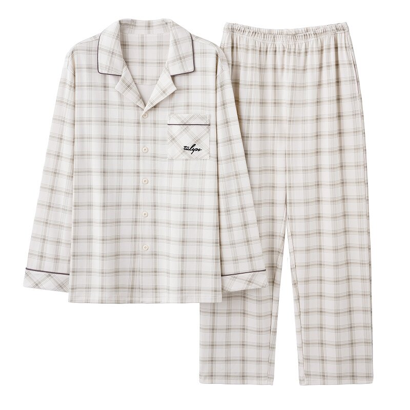 帕兰朵100%纯棉男士睡衣2026新款春秋长袖开衫条纹格子家居服套装