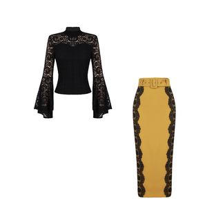 XULU原创春夏新款蕾丝透肤喇叭袖上衣针织肌理高腰修身包臀半身裙