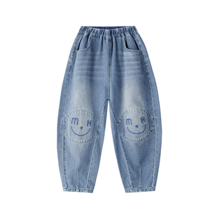 漫画家【笑脸神裤】儿童长裤中大童柔软笑脸刺绣廓形牛仔气球裤男