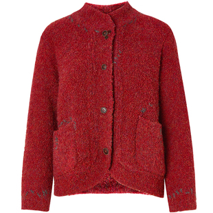 秸熙2026春冬款纯色圈圈纱立领毛衣外套手作绣花红色新年针织开衫