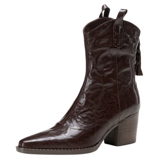 玮保/真皮 尖头粗跟短筒西部靴女 高跟复古皱皱短靴中筒靴冬 羊皮