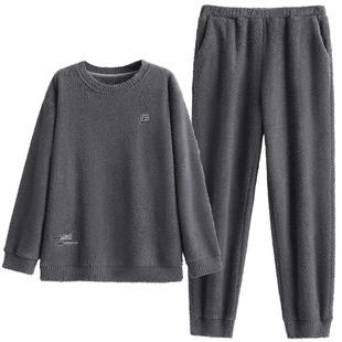 半边绒睡衣男士冬季加厚加绒男款秋冬珊瑚绒可外穿套头冬款家居服