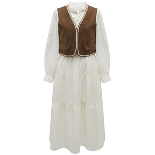 朵以2025秋季新款复古法式民族风仿麂皮马甲珠子系带连衣裙两件套