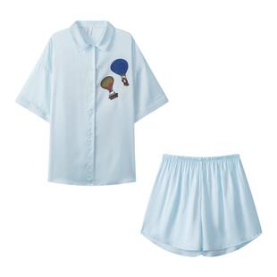 乐姿梦夏天冰丝睡衣女新款新中式气球薄款衬衫短袖短裤家居服套装