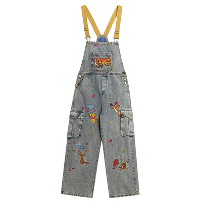 大码女装美式卡通风刺绣牛仔背带