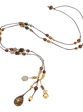 JoJo｜手工绳编天然虎眼石“保平”吊坠长项链纯银钱袋子吊坠叠戴