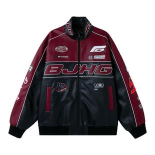 BJHG不计后果红色美式机车服皮衣外套男款新款冬荔枝纹赛车夹克女