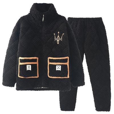 睡衣男珊瑚绒三层夹棉秋冬季加厚