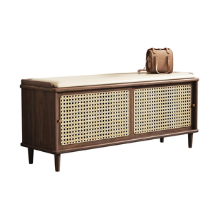 实木藤编鞋柜换鞋凳一体家用门口推拉门储物鞋柜入户可坐穿鞋凳