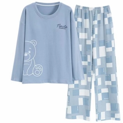 纯棉长袖女士睡衣春秋套装带胸垫