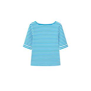 UNRETRO卷边五分袖设计船领蓝白条纹T恤女弹力修身针织打底衫上衣