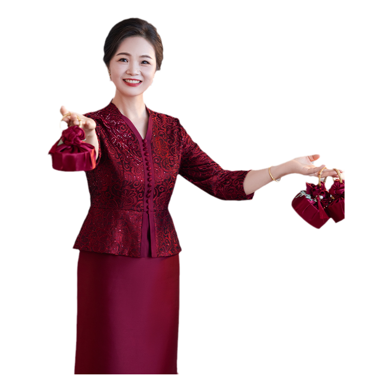 妈妈婚宴礼服2025秋季新款年轻气质喜婆婆婚宴装假两件套装旗袍裙