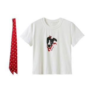 西町村屋休闲趣味印花T恤女装夏季新款简约百搭丝巾上衣XAAB10284